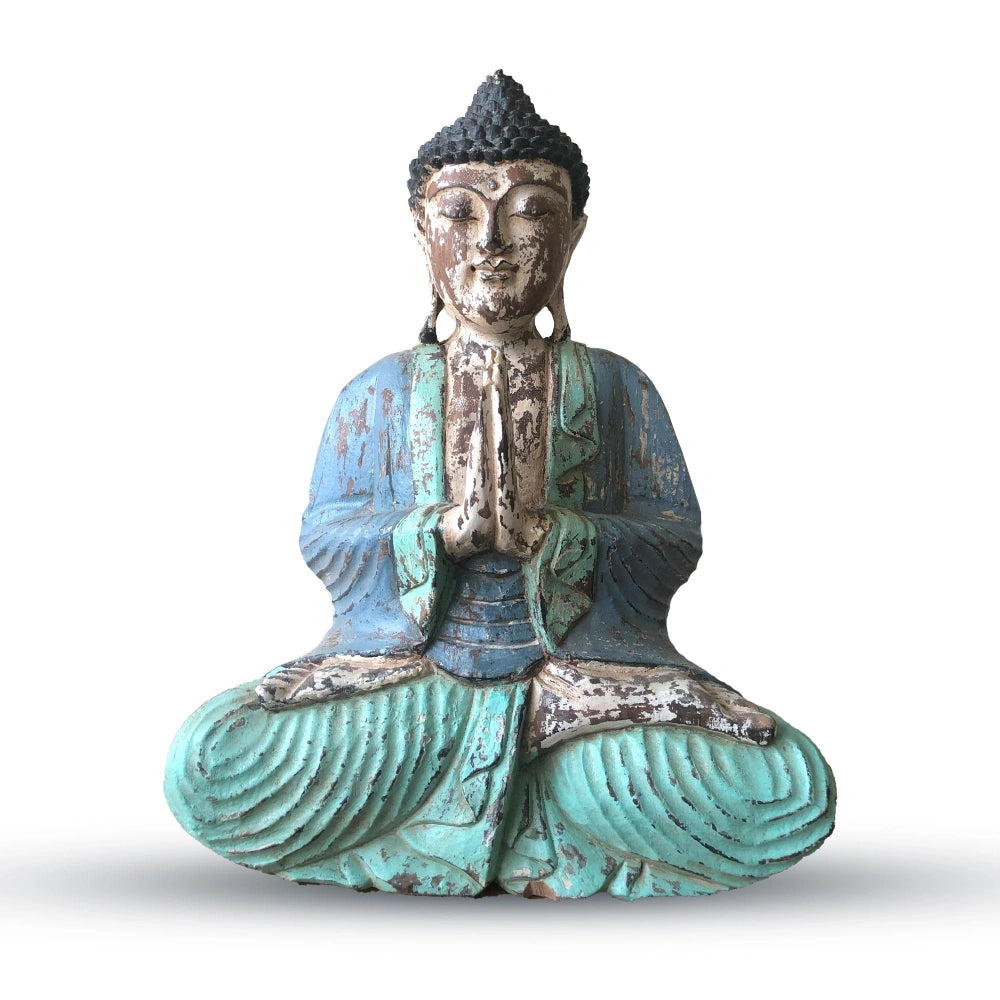 Statue de Bouddha assis vintage menthe en bois de Suar, 40 cm, mains jointes, vue de face sur fond blanc