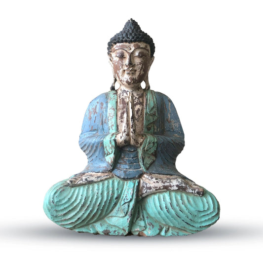 Statue de Bouddha assis vintage menthe en bois de Suar, 40 cm, mains jointes, vue de face sur fond blanc