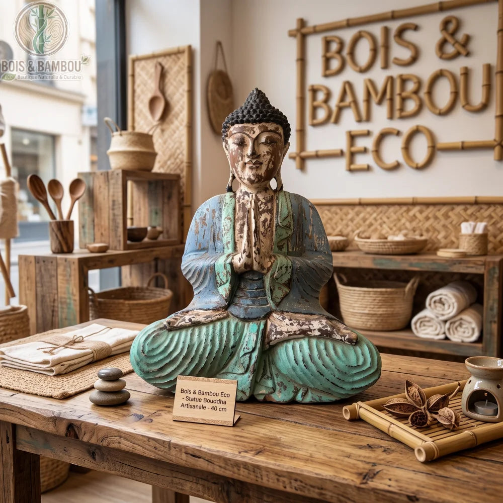 Statue de Bouddha assis vintage menthe en bois de Suar, 40 cm, posée sur une table en bois dans une boutique de déco naturelle
