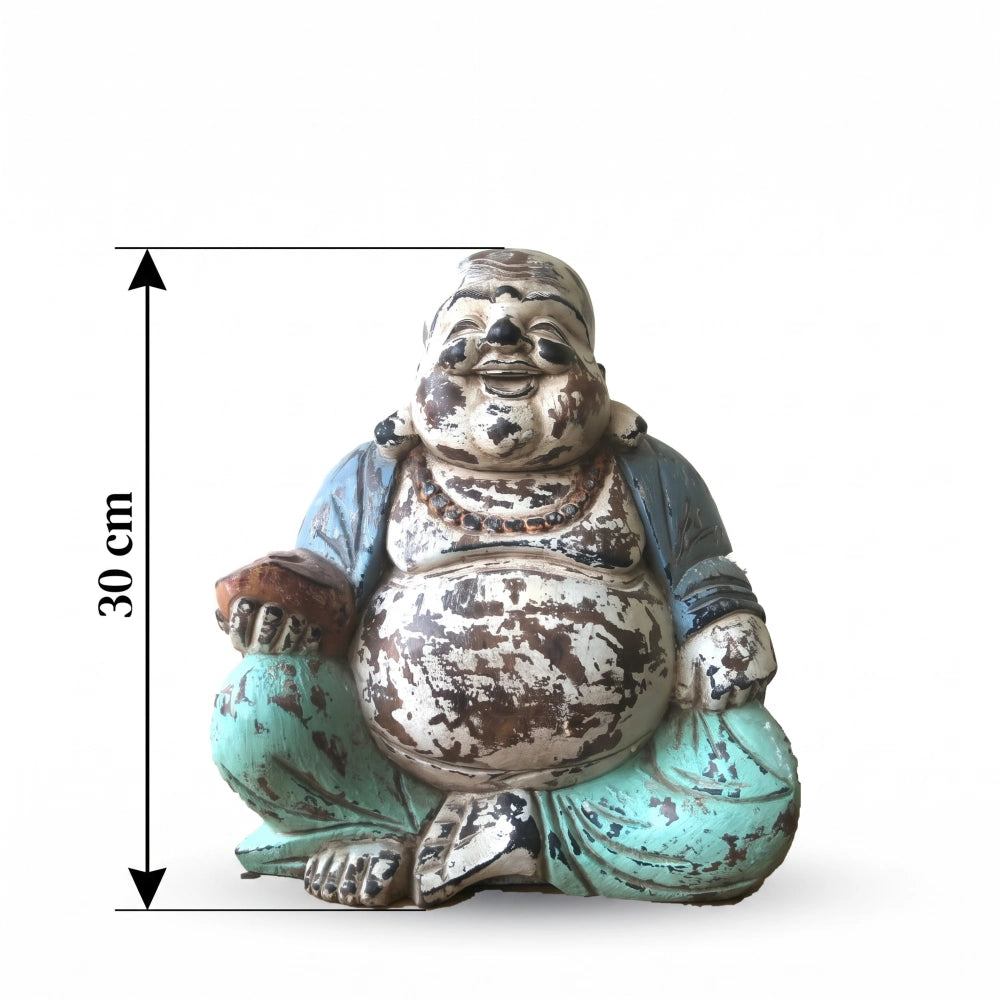 Statue de Bouddha rieur vintage menthe en bois de Suar, schéma de la hauteur de 30 cm