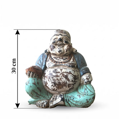 Statue de Bouddha rieur vintage menthe en bois de Suar, schéma de la hauteur de 30 cm