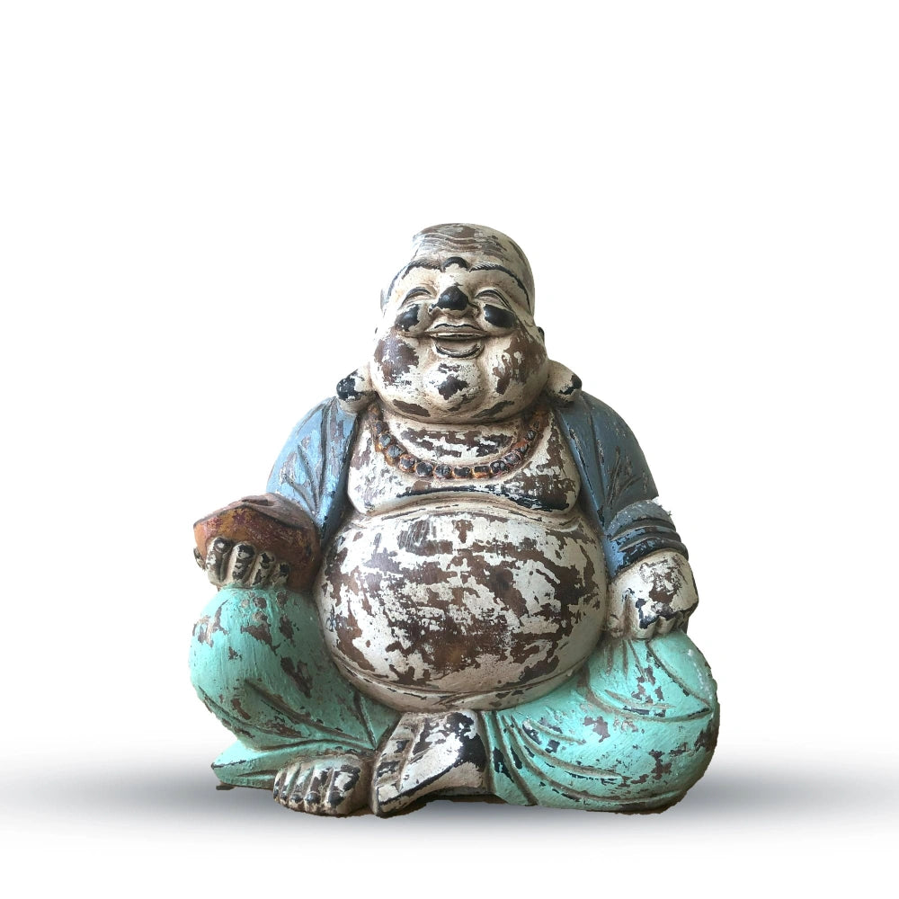 Statue de Bouddha rieur vintage menthe en bois de Suar, 30 cm, vue de face sur fond blanc