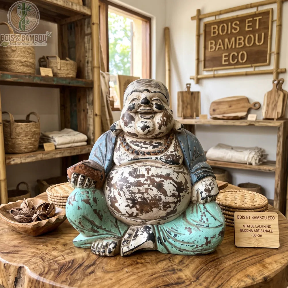 Statue de Bouddha rieur vintage menthe en bois de Suar, 30 cm, posée sur une table en bois dans une boutique de déco naturelle