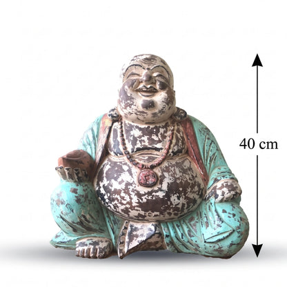 Statue de Bouddha rieur vintage menthe en bois de Suar, schéma de la hauteur de 40 cm
