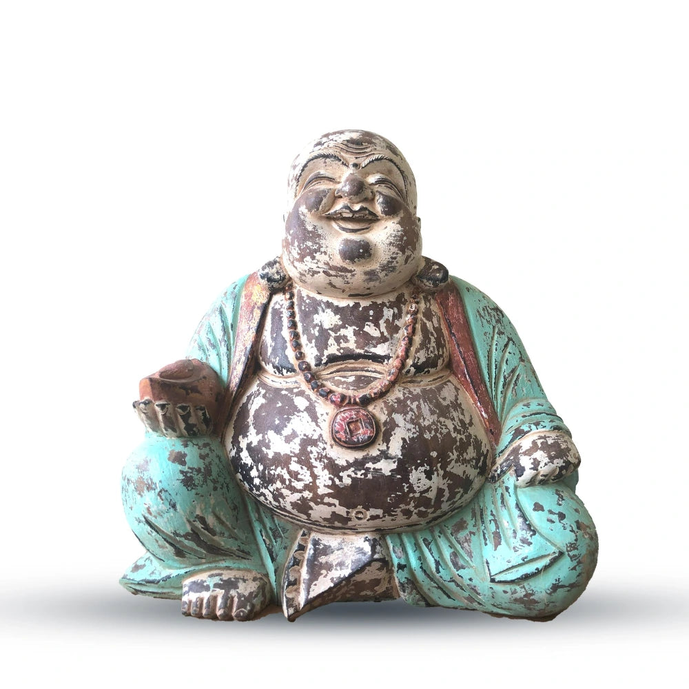 Statue de Bouddha rieur vintage menthe en bois de Suar, 40 cm, vue de face sur fond blanc