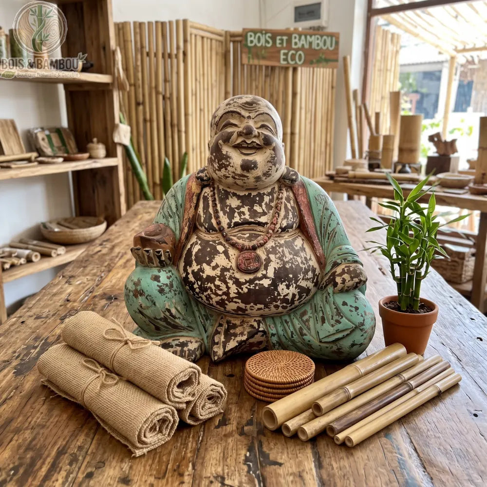 Statue de Bouddha rieur vintage menthe en bois de Suar, 40 cm, posée sur une table en bois parmi des bambous et rouleaux en tissu