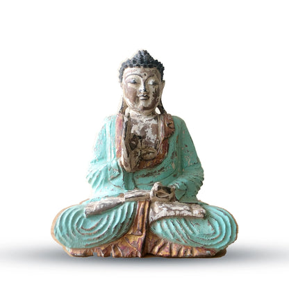 Statue de Bouddha assis vintage menthe en bois de Suar, 30 cm, main levée dans le geste de l'enseignement, vue de face sur fond blanc