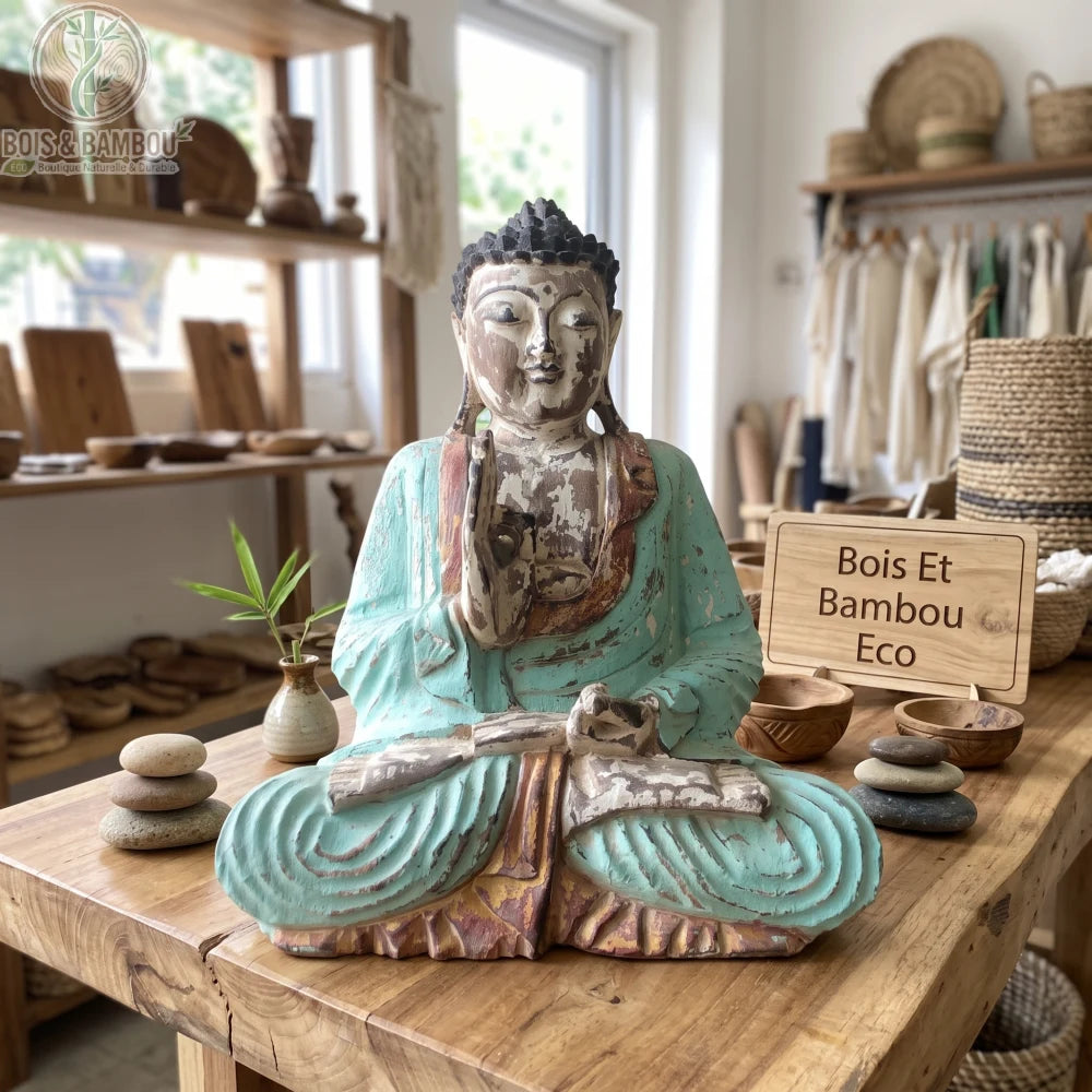 Statue de Bouddha assis vintage menthe en bois de Suar, 30 cm, posée sur une table en bois dans une boutique de déco naturelle