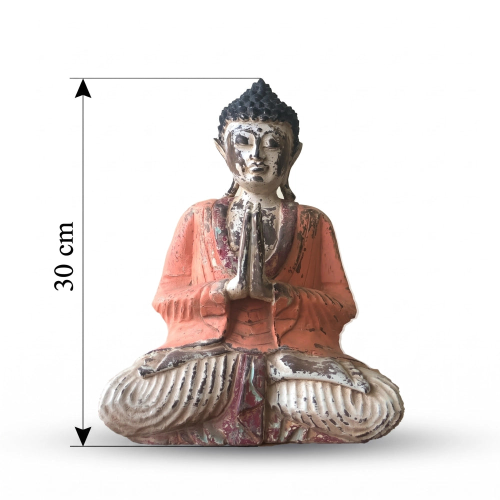 Statue de Bouddha assis vintage orange en bois de Suar, schéma des dimensions de 30 cm de haut