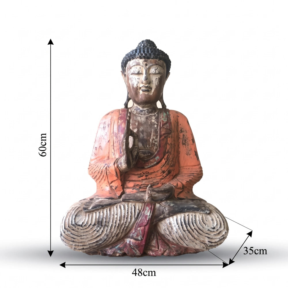 Statue de Bouddha assis vintage orange en bois de Suar, 60 cm, schéma des dimensions