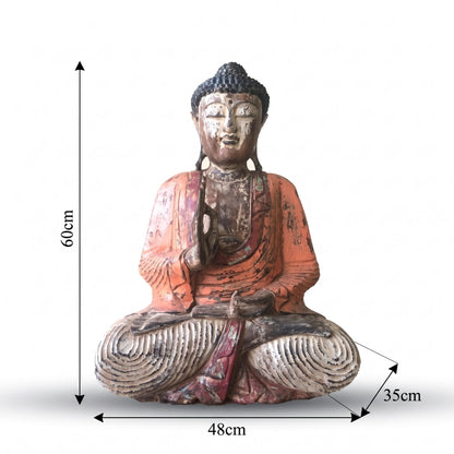Statue de Bouddha assis vintage orange en bois de Suar, 60 cm, schéma des dimensions