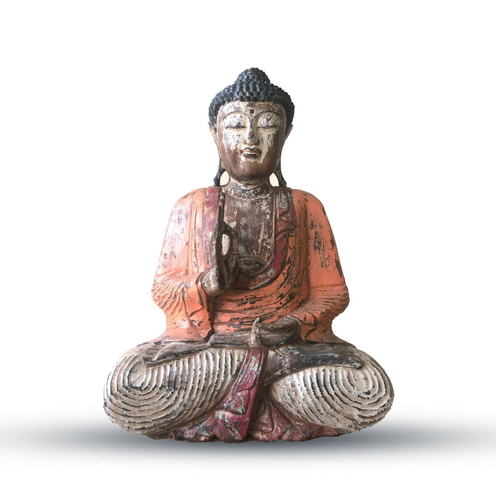 Statue de Bouddha assis vintage orange en bois de Suar, 60 cm, vue de face sur fond blanc