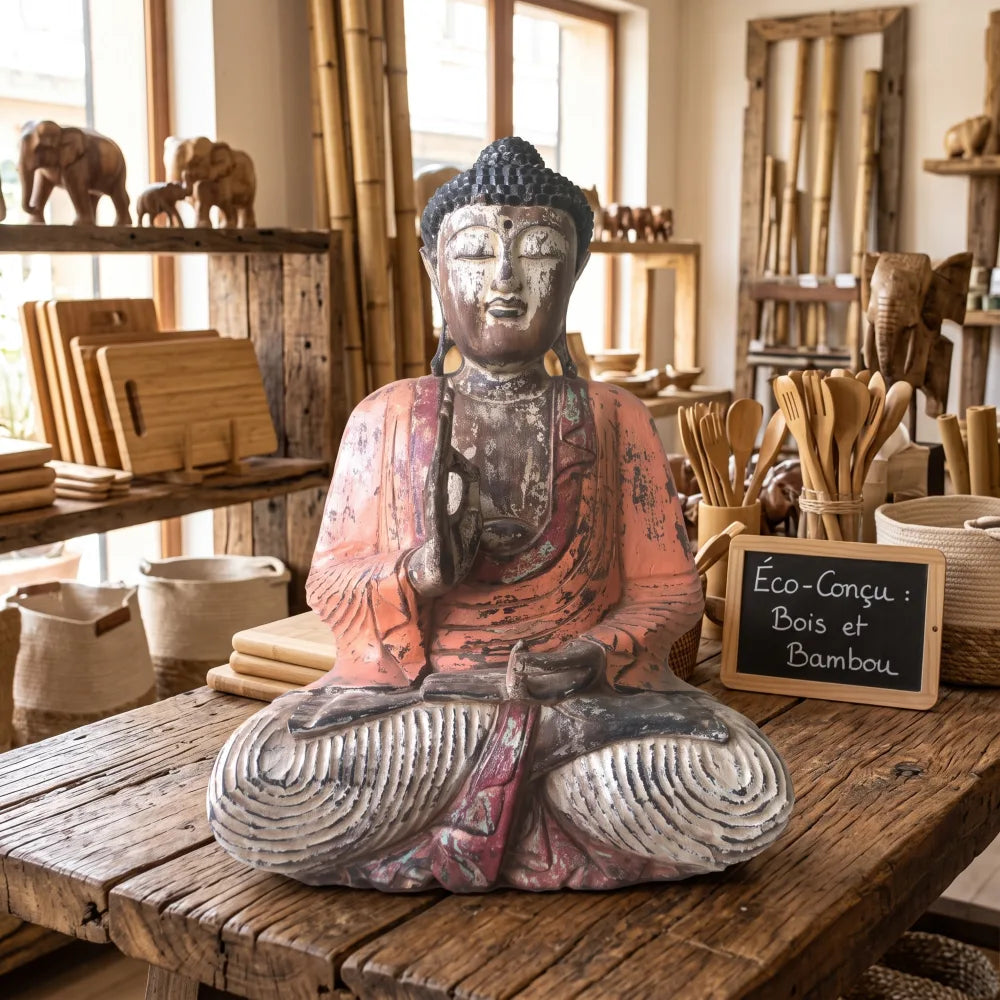 Statue de Bouddha assis vintage orange en bois de Suar, 60 cm, sur une table en bois brut devant des tiges de bambou