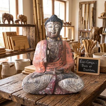 Statue de Bouddha assis vintage orange en bois de Suar, 60 cm, sur une table en bois brut devant des tiges de bambou