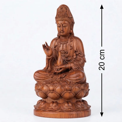 Statue Guan Yin en bois de rose sculpté, modèle de 20 cm de haut assis sur un double lotus