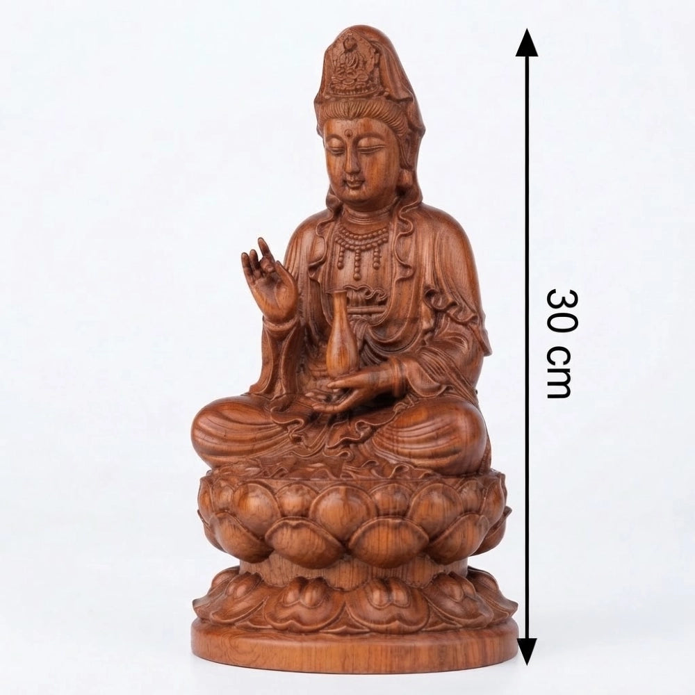 Statue Guan Yin en bois de rose sculpté, grand modèle de 30 cm de haut, main levée et vase
