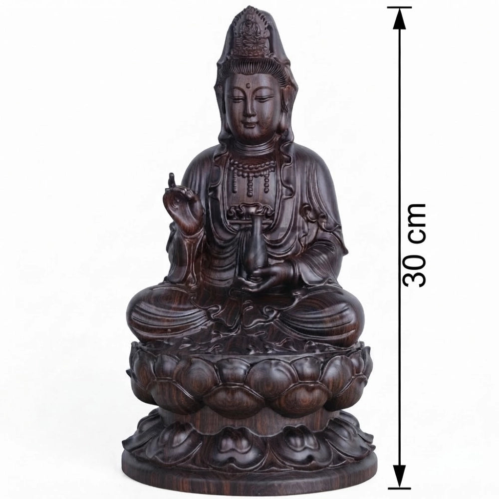 Statue Guan Yin en ébène sculptée, grand modèle de 30 cm de haut, main levée et vase