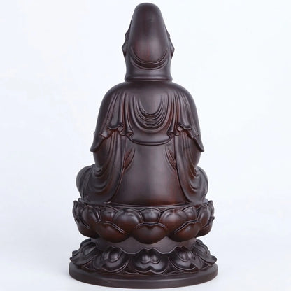 Statue Guan Yin en ébène vue de dos, drapé sculpté et socle en double lotus