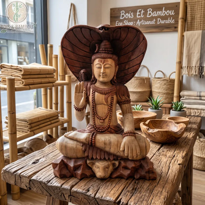 Statue de Shiva au cobra en bois de Suar, 50 cm, posée sur une table rustique près de bols en bois