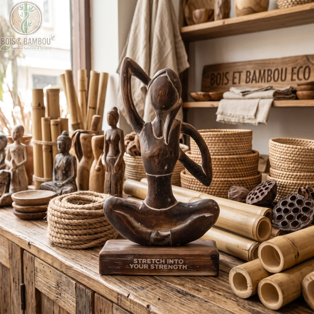 Statue de femme en posture Gomukhasana, bras croisés, bois d'Albasia sculpté, sur étagère déco zen
