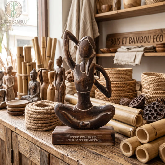 Statue de femme en posture Gomukhasana, bras croisés, bois d'Albasia sculpté, sur étagère déco zen