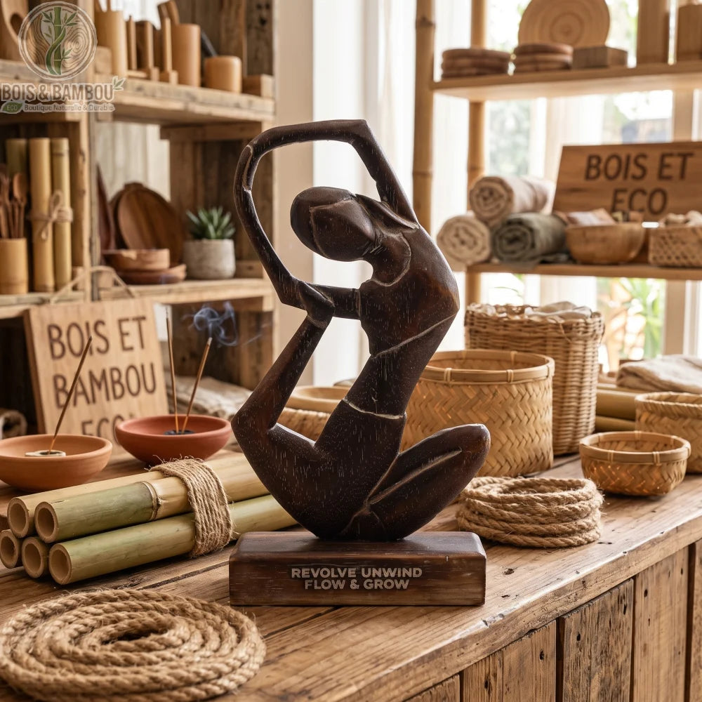 Statue de femme en posture de yoga en rotation, bois d'Albasia sculpté, sur étagère avec porte-encens