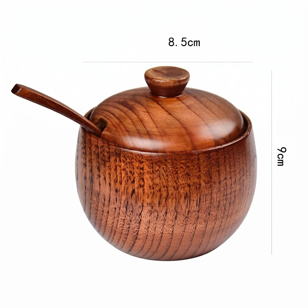 Sucrier en bois de jujubier avec couvercle et cuillère, fond blanc, dimensions 8,5 cm de large sur 9 cm de haut