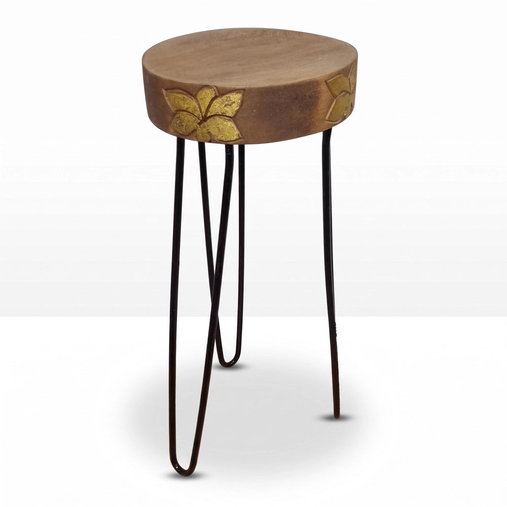 Support à plantes en bois d'Albasia coloris Naturel, motif feuillage doré, fond blanc