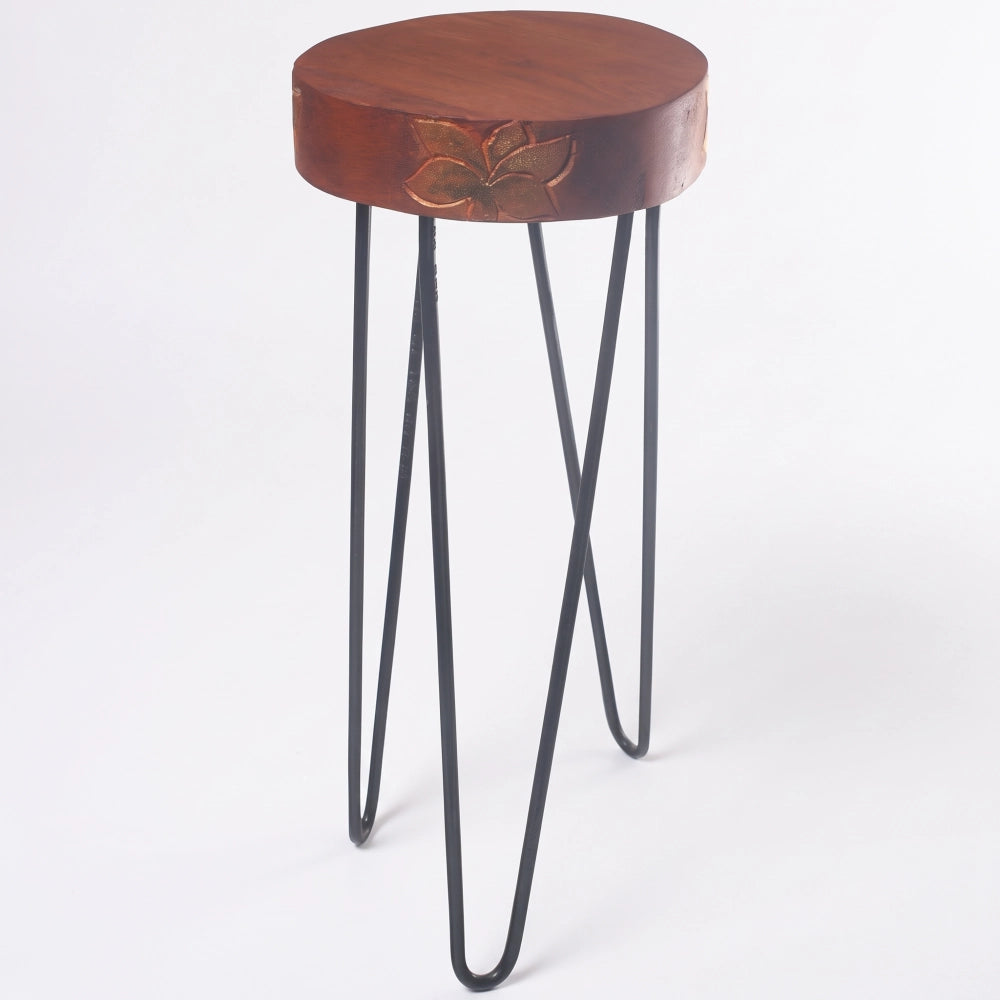 Support à plantes en bois d'Albasia coloris Terracotta, motif feuillage doré, fond blanc