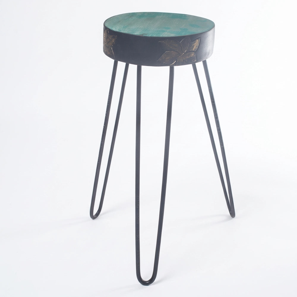 Support à plantes en bois d'Albasia coloris Turquoise, motif feuillage doré, fond blanc