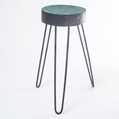 Support à plantes en bois d'Albasia coloris Turquoise, motif feuillage doré, fond blanc