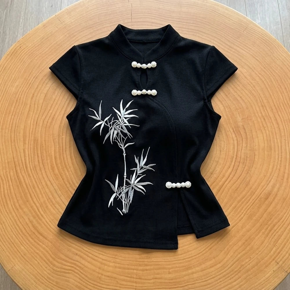 T-shirt Brodé en Fibre de Bambou Style Chinois pour Femme