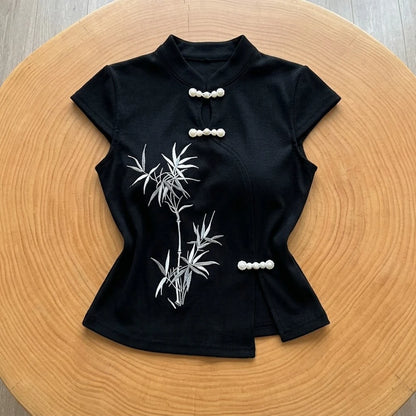 T-shirt Brodé en Fibre de Bambou Style Chinois pour Femme
