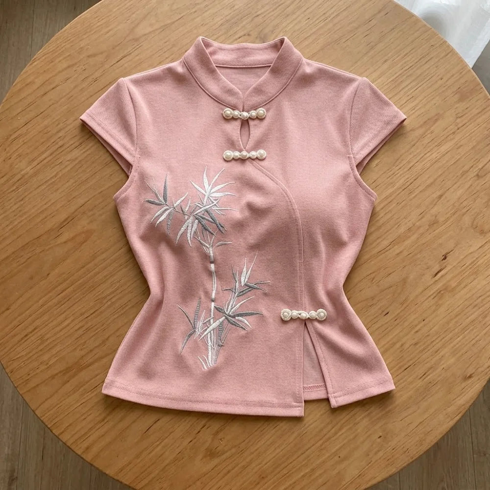 T-shirt Brodé en Fibre de Bambou Style Chinois pour Femme