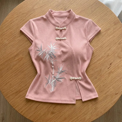 T-shirt Brodé en Fibre de Bambou Style Chinois pour Femme
