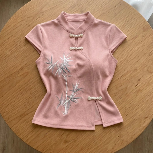 T-shirt Brodé en Fibre de Bambou Style Chinois pour Femme