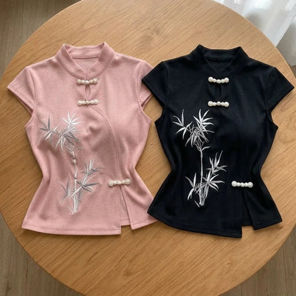 T-shirt Brodé en Fibre de Bambou Style Chinois pour Femme