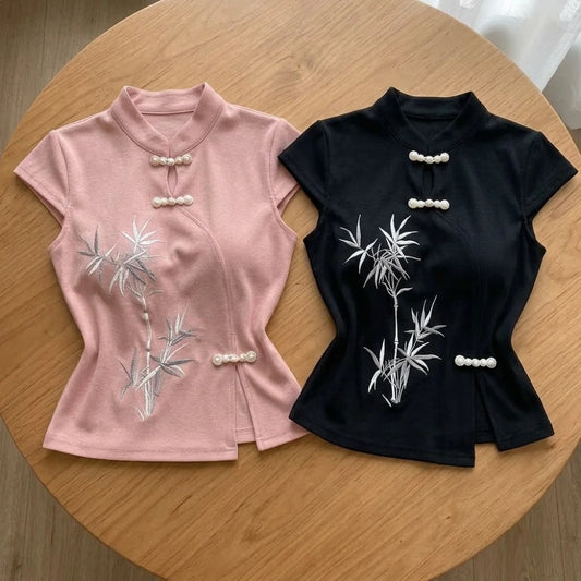 T-shirt Brodé en Fibre de Bambou Style Chinois pour Femme