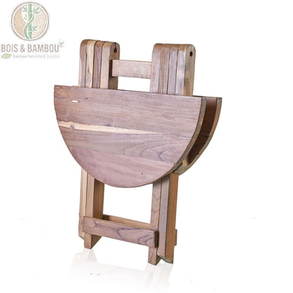 Table basse ronde pliante en teck recyclé en position repliée