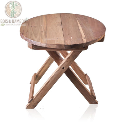Table basse ronde pliante en teck recyclé dépliée vue de trois quarts