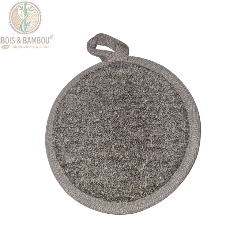 Tampon exfoliant rond en bambou et lin anthracite côté face texturée gommante avec passant