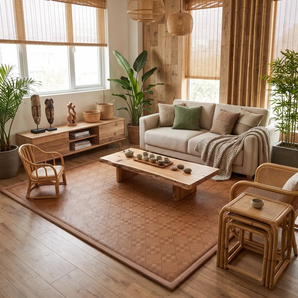 Tapis de sol en bambou épais 180 par 200cm à motif losange ton terracotta, dans un salon avec fauteuils en rotin et stores en bambou