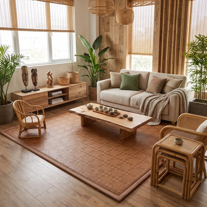 Tapis de sol en bambou épais 180 par 200cm à motif losange ton terracotta, dans un salon avec fauteuils en rotin et stores en bambou