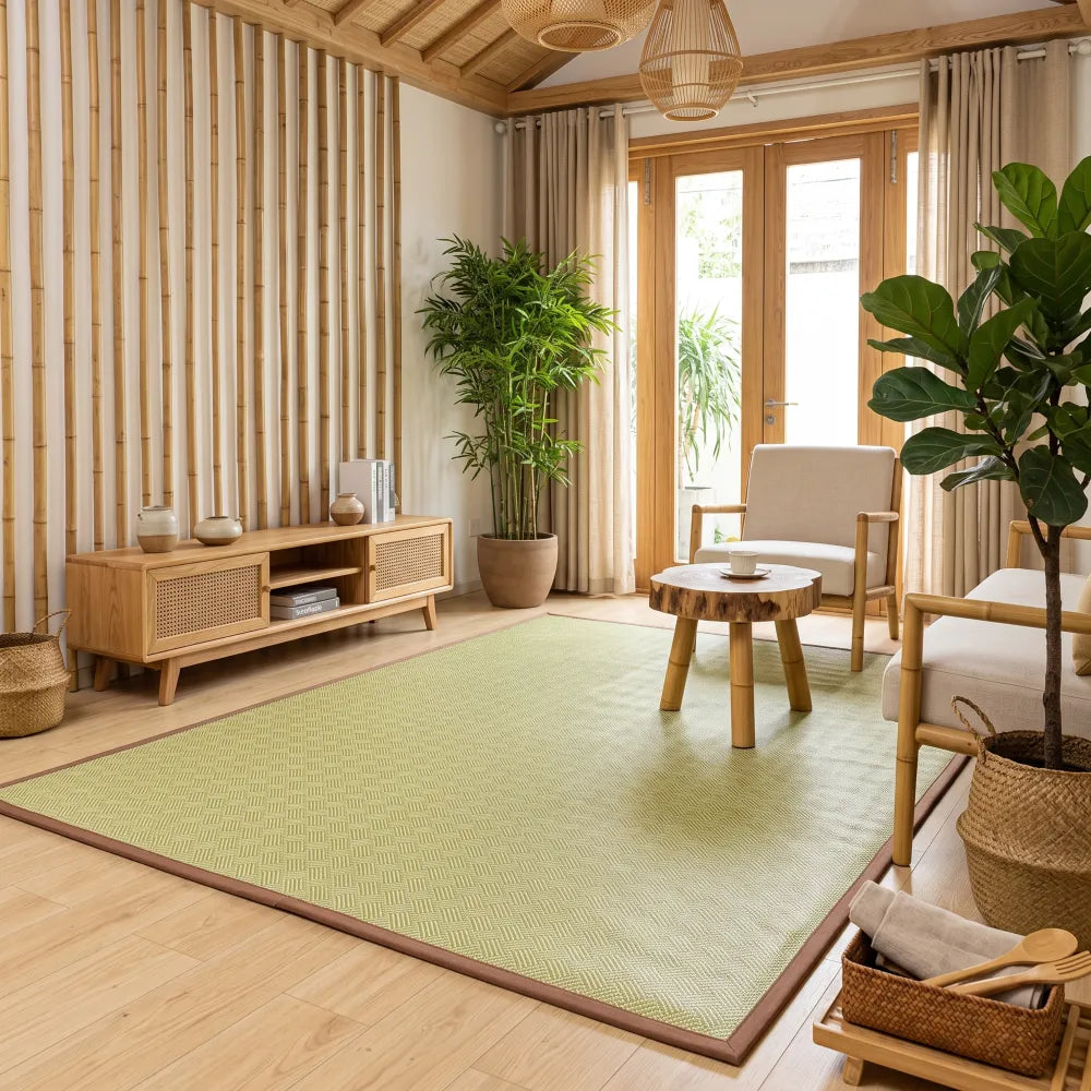 Tapis de sol en bambou épais tressage vert sauge clair, dans un salon avec panneau mural en bambou