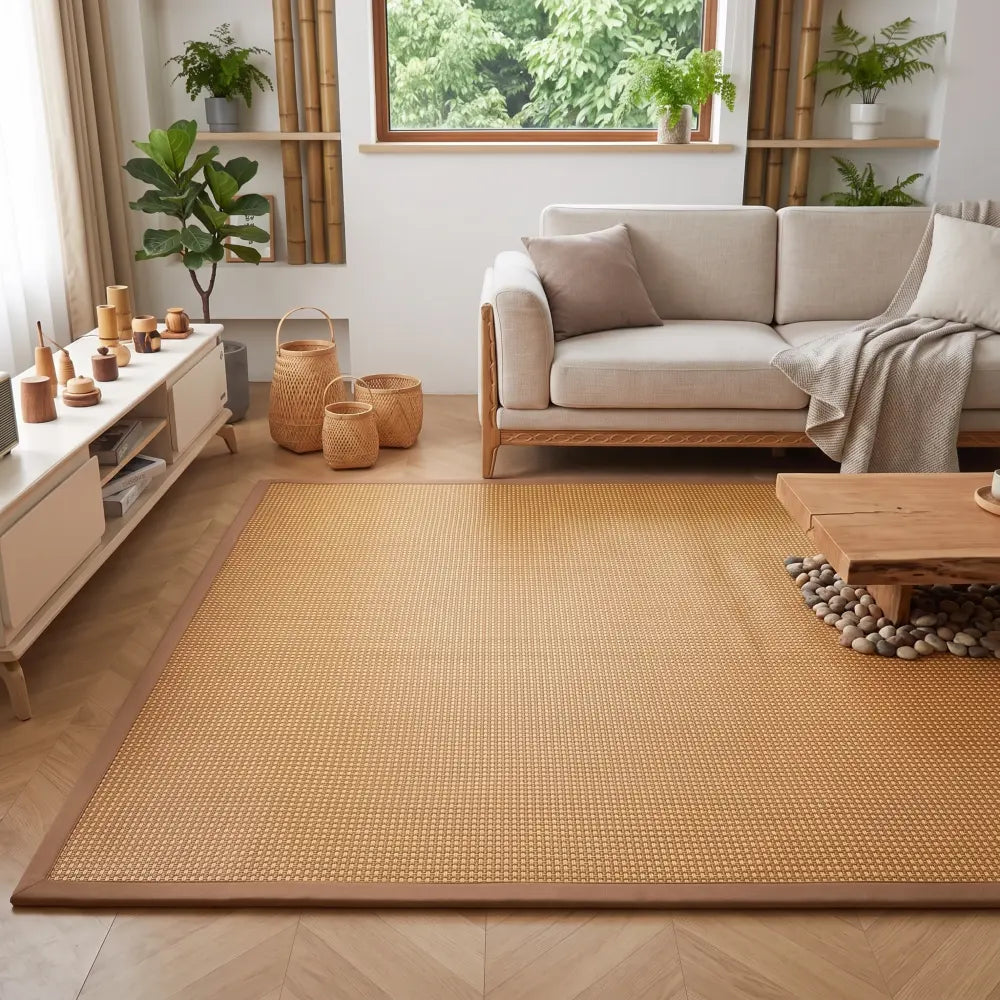Tapis de sol en bambou épais uni doré naturel à bordure marron, posé dans un salon avec meuble bas blanc et paniers tressés