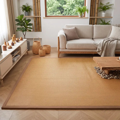 Tapis de sol en bambou épais uni doré naturel à bordure marron, posé dans un salon avec meuble bas blanc et paniers tressés