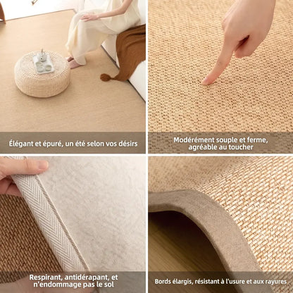 Détails du tapis en bambou tressé, texture souple et ferme, dos antidérapant et bordure renforcée résistante à l'usure