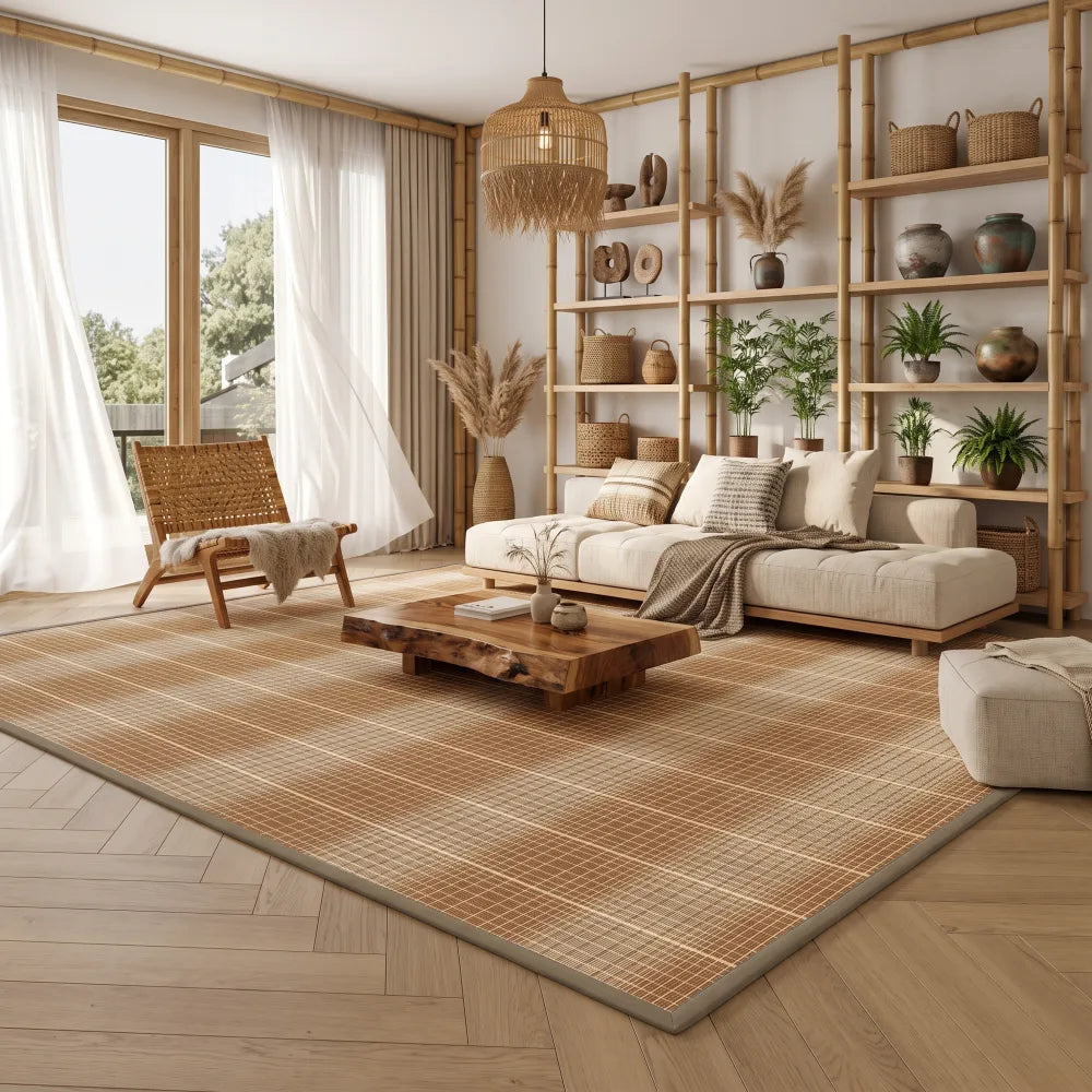 Tapis de sol en bambou tressé motif quadrillé orange rouille, posé dans un salon lumineux avec fauteuil en rotin