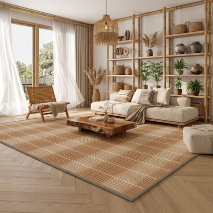 Tapis de sol en bambou tressé motif quadrillé orange rouille, posé dans un salon lumineux avec fauteuil en rotin