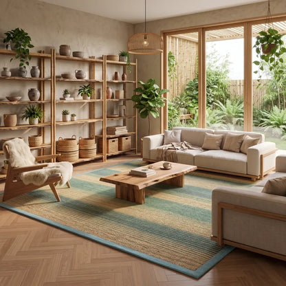 Tapis de sol en bambou tressé à rayures vert sauge et beige, dans un salon avec étagères en bambou et fauteuil en bois